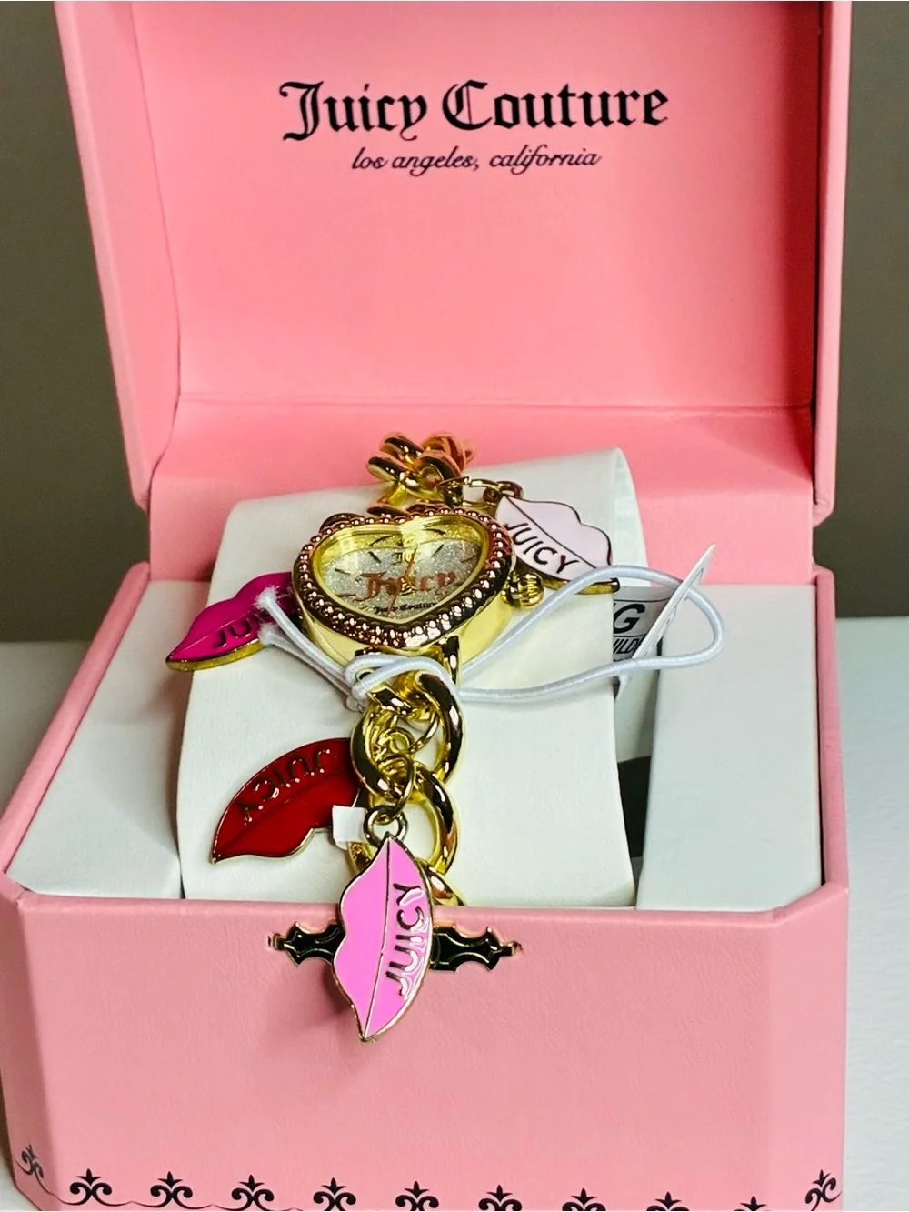 Juicy Couture Gold Heart Charm Watch with Pink Lip Charms